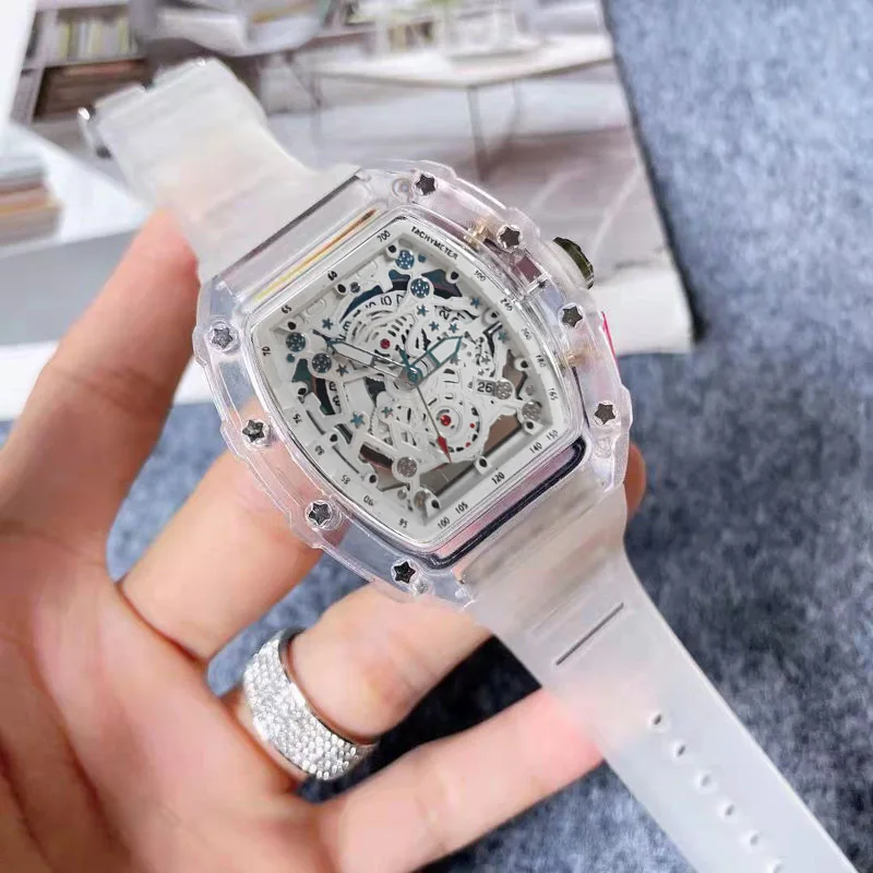 Luxury Watch With Rubber Strap - Tonneau Fashion Quartz Watch Men Transparent
