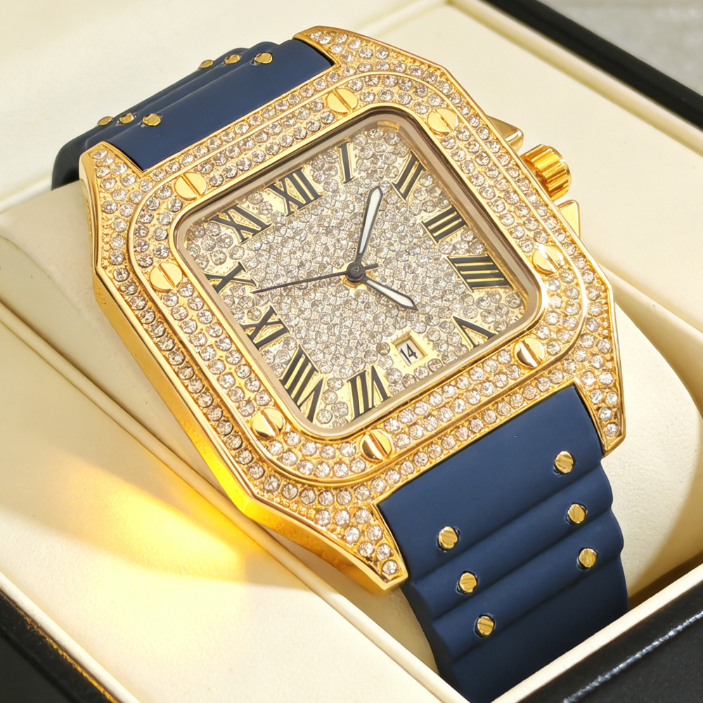 Luxury Watch With Rubber Strap - Hot Fashion Square Full Diamond Quartz