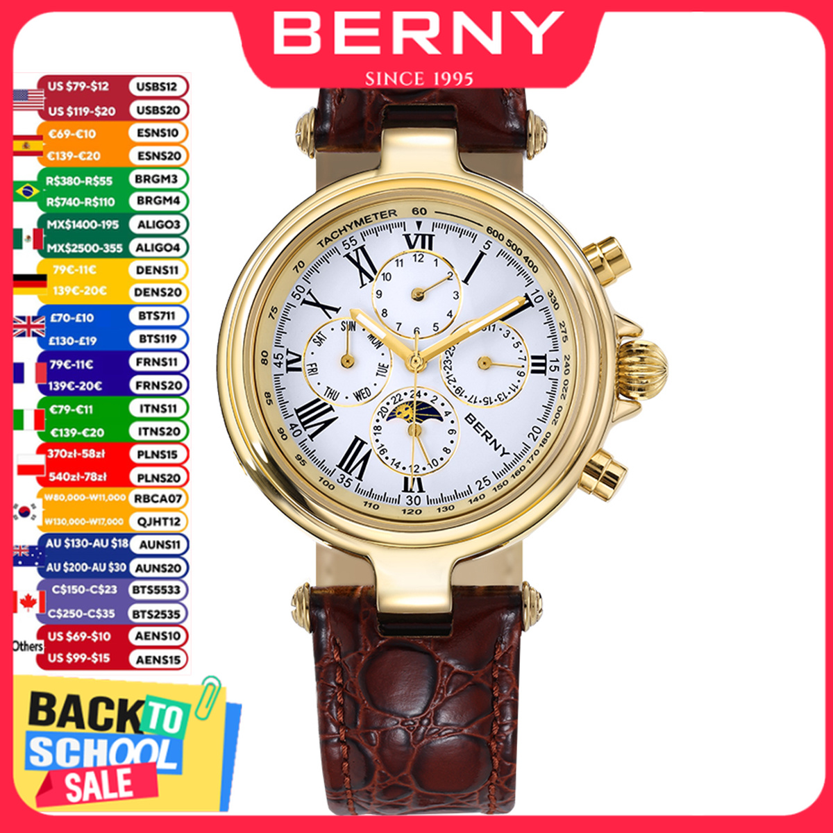 Chronograph Flyback Watch - BERNY Retro Automatic Men's Watch Sun&Moon