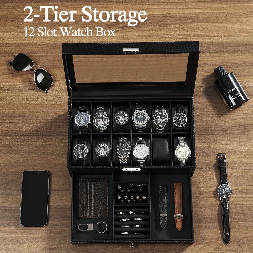 12 Slot Leather Watch Box with - Luxury Watch Tier review and price
